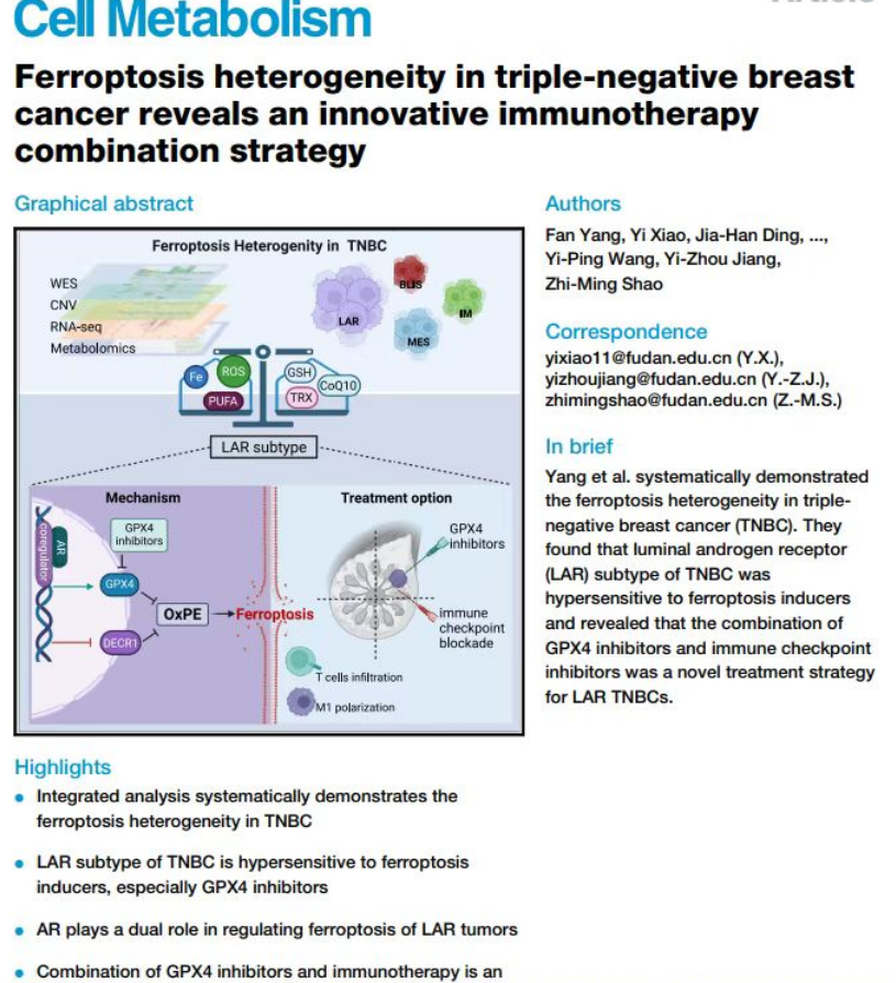 Cell Metabo：邵志敏、江一舟团队发现三阴性乳腺癌中的铁死亡异质性可能关联免疫治疗
