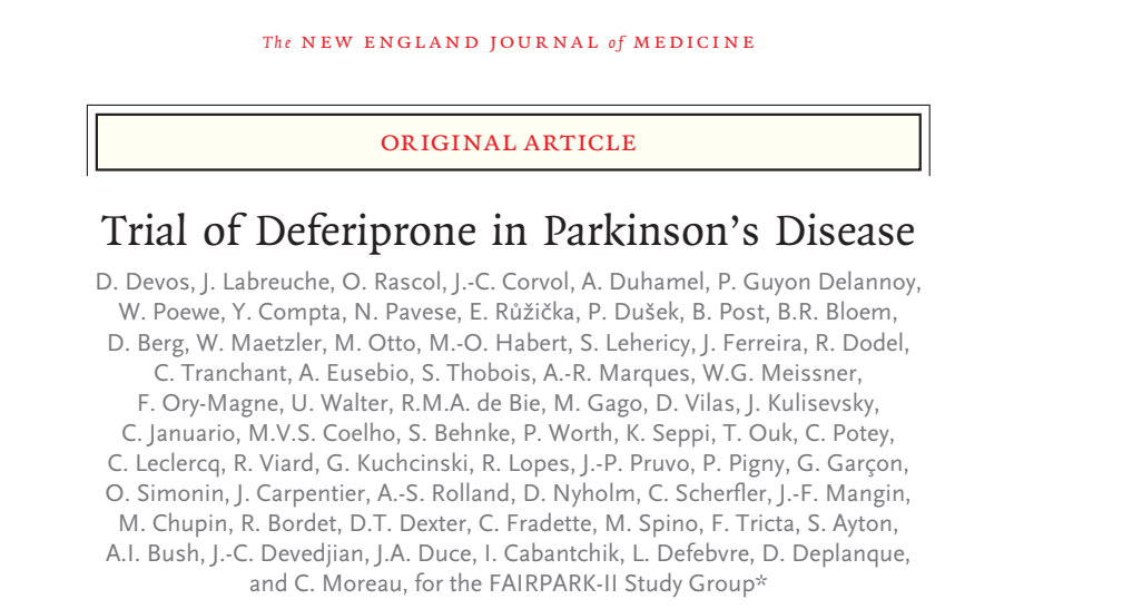 驱铁治疗引起<font color="red">帕金森病患</font>者的病情恶化，铁沉积在PD发病中的作用有待进一步研究！！