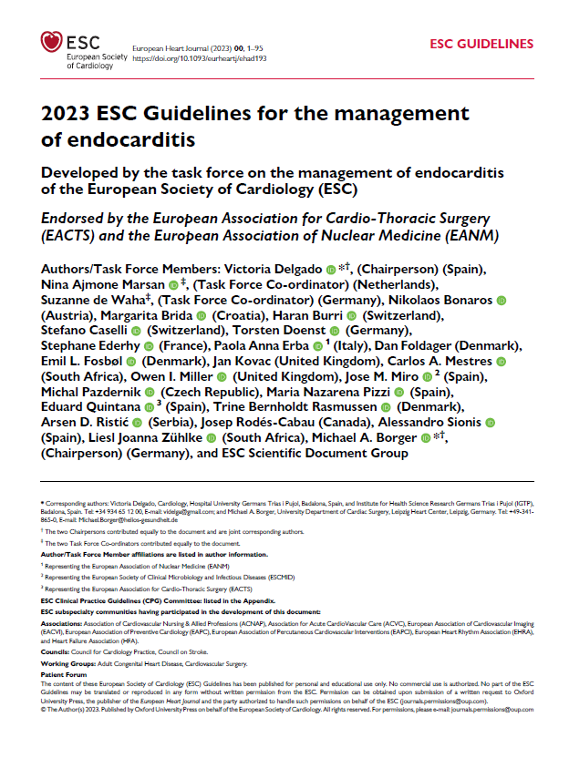 ESC 2023：2023 ESC<font color="red">心内膜炎</font>管理指南