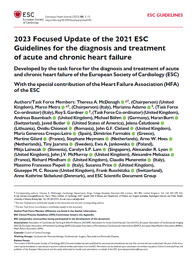 ESC 2023：2021<font color="red">年</font>ESC急性和慢性心力衰竭诊断和<font color="red">治疗</font><font color="red">指南</font>（2023重点更新）