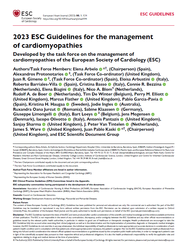 ESC 2023：2023 ESC心肌病管理指南