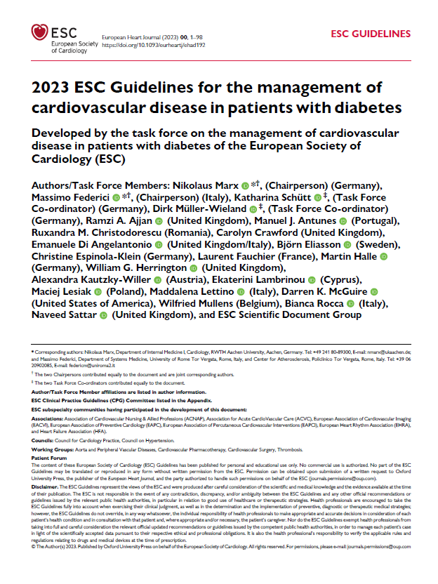 ESC 2023：2023 ESC糖尿病患者心血管疾病管理指南