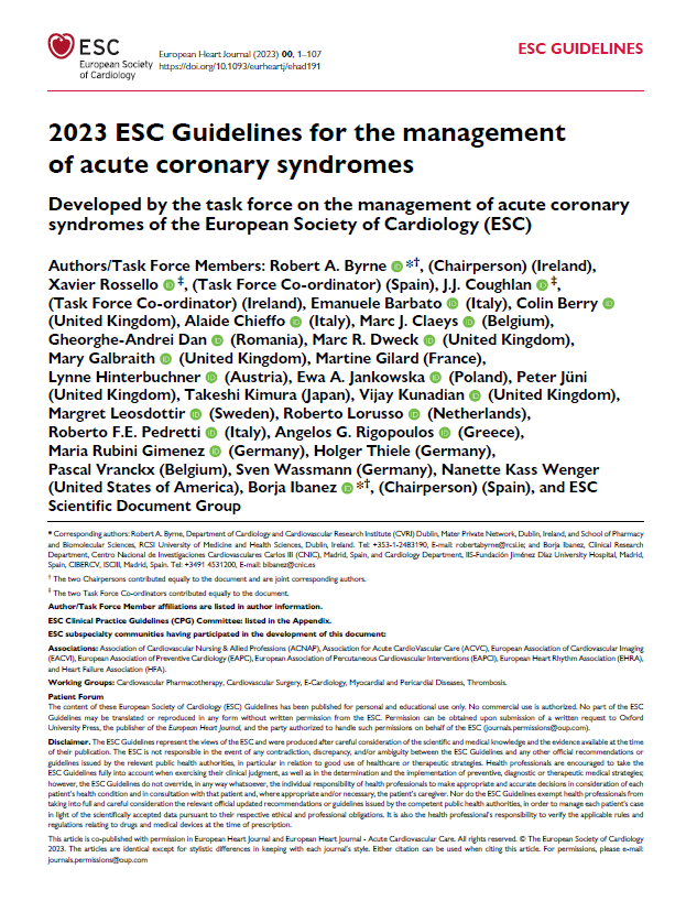 ESC 2023：2023 ESC急性冠状动脉综合征管理指南