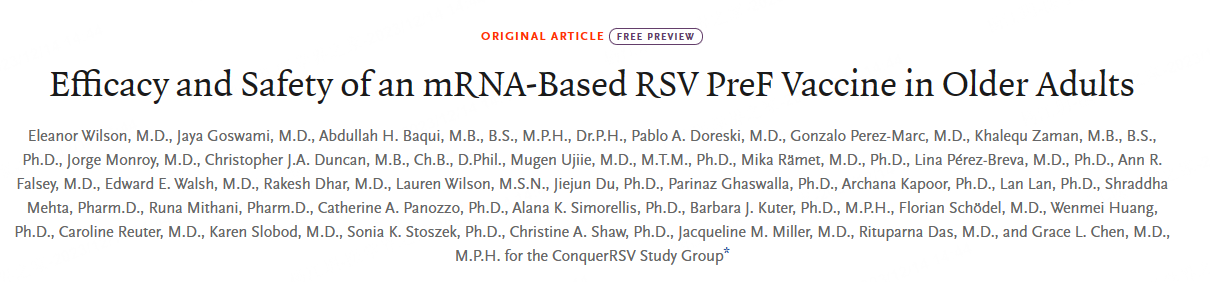 NEJM：<font color="red">mRNA-1345</font> 疫苗对老年人呼吸道合胞体病毒感染的有效性和安全性