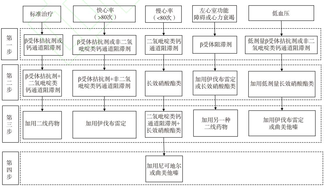 image_category: FLOWCHART/临床诊疗路径图 | body_region: NA | specialty: 心血管内科 | summary: 该流程图详细说明了根据患者心率、心功能及血压状态分步调整的抗心绞痛药物治疗方案。