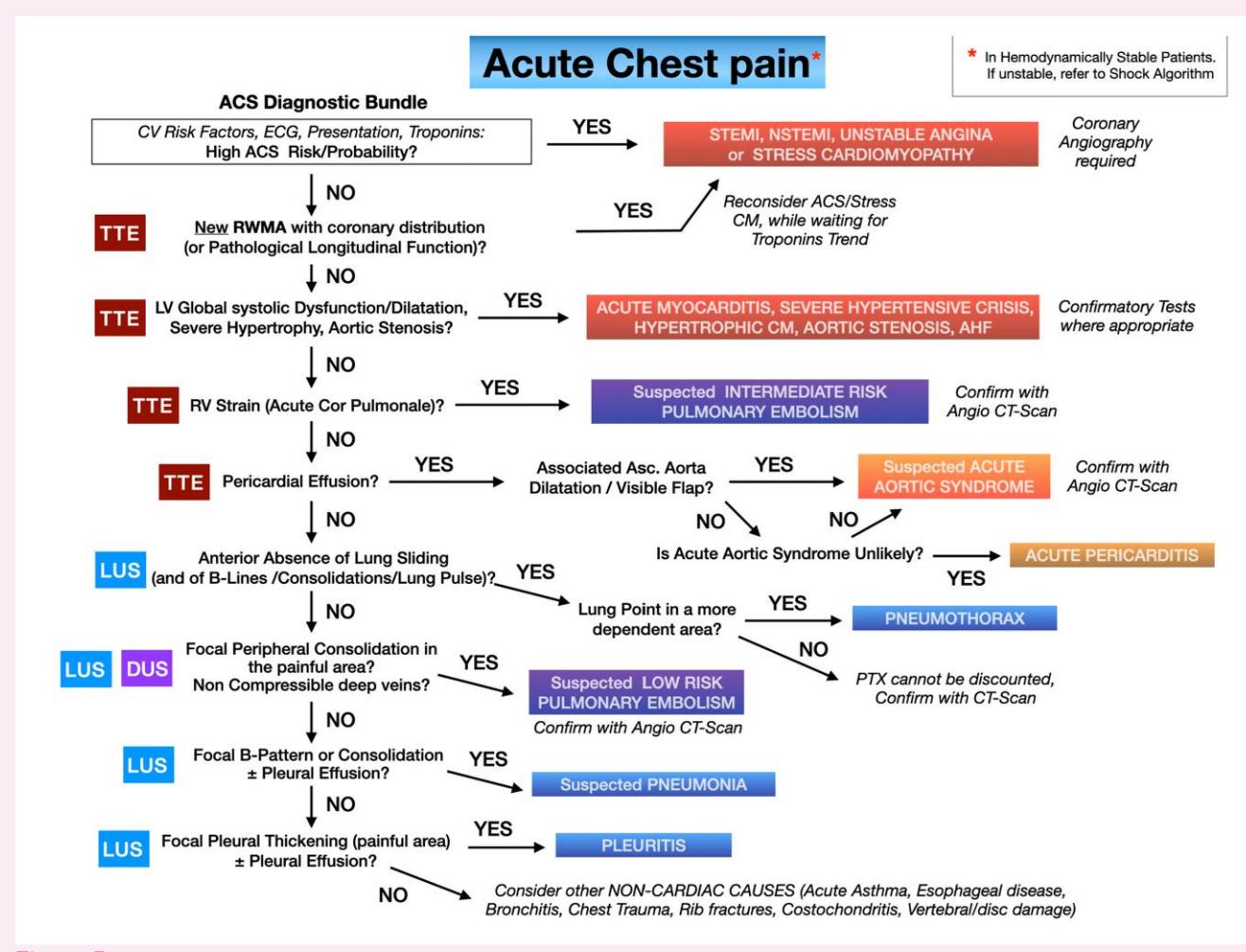 image_category: FLOWCHART/Diagnostic Algorithm | body_region: chest | specialty: Emergency Medicine | summary: A systematic diagnostic flowchart for evaluating acute chest pain in stable patients using ACS screening followed by TTE, LUS, and DUS to identify cardiac, vascular, and pulmonary pathologies.