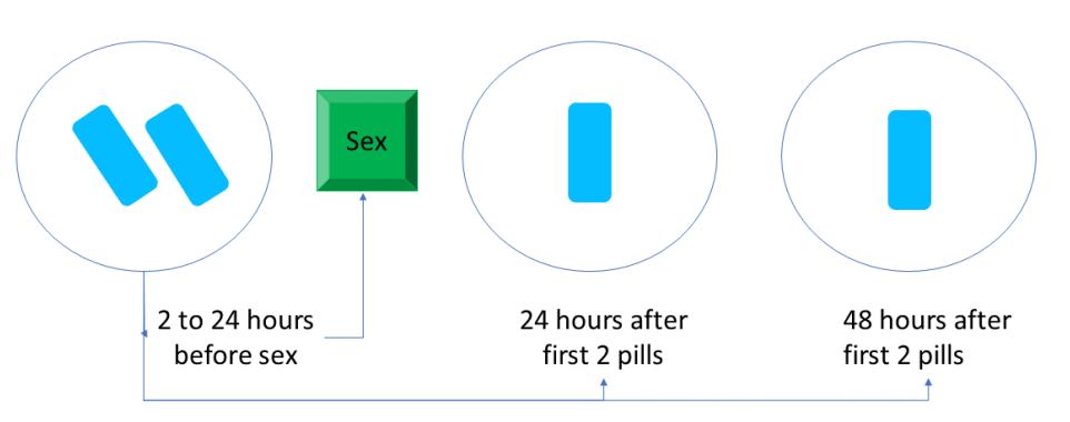 image_category: FLOWCHART/Medication dosing schedule | body_region: NA | specialty: Infectious Diseases | summary: This diagram illustrates the '2-1-1' on-demand PrEP dosing schedule for HIV prevention, involving a double dose before sex followed by two single doses. | detail: The image is a schematic diagram illustrating the '2-1-1' or 'on-demand' dosing schedule for HIV Pre-Exposure Prophylaxis (PrEP). This regimen is a clinically validated alternative to daily PrEP for certain populations, primarily cisgender men who have sex with men (MSM), who have infrequent sexual encounters. The visual layout uses a linear progression from left to right to denote time. The first stage, depicted in a circle on the far left, shows two blue rectangular icons representing two pills. Text below specifies this double dose should be taken between 2 and 24 hours before the anticipated sexual encounter, which is represented by a green square labeled 'Sex'. Following the initial dose, the diagram shows two subsequent single-pill doses. The second dose (one blue pill) is to be taken exactly 24 hours after the initial double dose. The third and final dose (one blue pill) is to be taken 48 hours after the initial double dose. Arrows at the bottom of the diagram reinforce the timing relative to the first dose. This 'event-driven' strategy is highly effective at preventing HIV transmission when followed correctly. It requires the user to plan ahead but reduces the overall pill burden compared to daily administration. The diagram serves as a clear patient education tool to ensure adherence to the specific timing required for protective drug levels in the body. | entities: diseases=HIV; interventions=PrEP, on-demand dosing, HIV prevention; medications=Tenofovir/Emtricitabine; findings=2 pills taken 2 to 24 hours before sex, 1 pill taken 24 hours after first 2 pills, 1 pill taken 48 hours after first 2 pills | measurements: initial dose timing 2-24 hours before sex; second dose timing 24 hours after first dose; third dose timing 48 hours after first dose; initial dose quantity 2 pills; subsequent dose quantity 1 pill