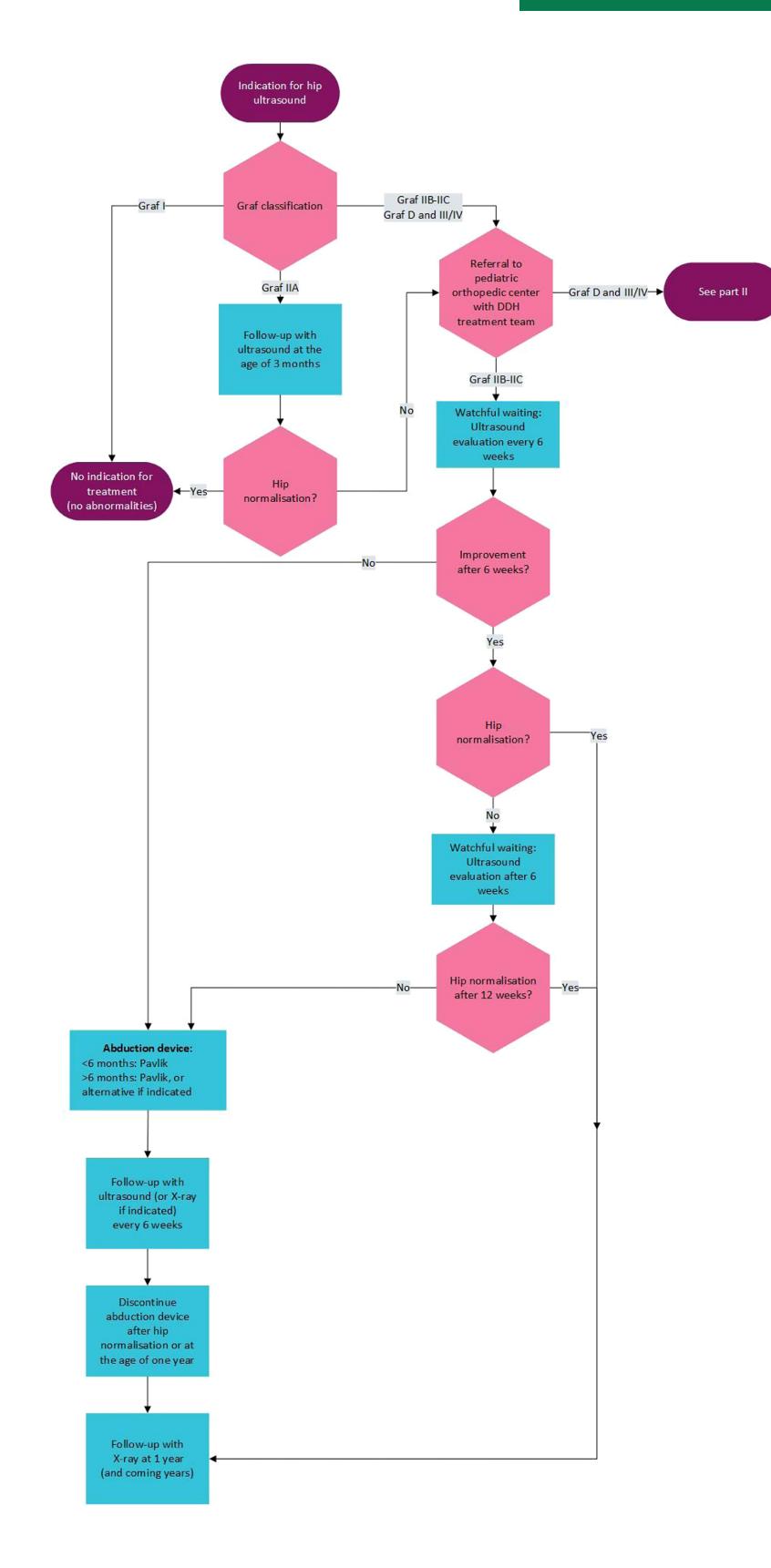 image_category: FLOWCHART/Clinical management algorithm for Developmental Dysplasia of the Hip (DDH) | body_region: pelvis | specialty: Pediatric Orthopedics | summary: A clinical flowchart outlining the diagnostic and treatment pathway for developmental dysplasia of the hip (DDH) based on Graf ultrasound classification. | detail: This clinical flowchart details the management of infant hip health starting from the initial indication for a hip ultrasound. The visual elements include color-coded nodes: purple ovals for start/end points, pink hexagons for decision-making classifications, and teal rectangles for clinical actions. The algorithm is primarily driven by the Graf classification system. Graf I (normal) leads to no treatment. Graf IIA (physiologically immature) requires a follow-up ultrasound at 3 months. For Graf IIB-IIC, patients are referred to a pediatric orthopedic center for 'watchful waiting' with ultrasound evaluations every 6 weeks. If the hip does not normalize after 12 weeks of observation, or if the initial classification is more severe (Graf D, III, or IV), an abduction device is indicated. The choice of device depends on age: a Pavlik harness for those under 6 months, and Pavlik or alternatives for those over 6 months. Treatment involves follow-up every 6 weeks until normalization or until the age of one year. The final step for all monitored pathways is a follow-up X-ray at 1 year of age to ensure long-term stability and proper development of the acetabulum and femoral head. | entities: diseases=Developmental Dysplasia of the Hip, DDH, Hip dysplasia; anatomical_structures=Hip, Pelvis; interventions=Hip ultrasound, Abduction device, Pavlik harness, X-ray, Graf classification; findings=Graf I, Graf IIA, Graf IIB-IIC, Graf D, Graf III/IV, Hip normalisation | measurements: Follow-up age for Graf IIA 3 months; Watchful waiting interval 6 weeks; Normalization assessment limit 12 weeks; Age threshold for abduction device type 6 months; Final follow-up age 1 year