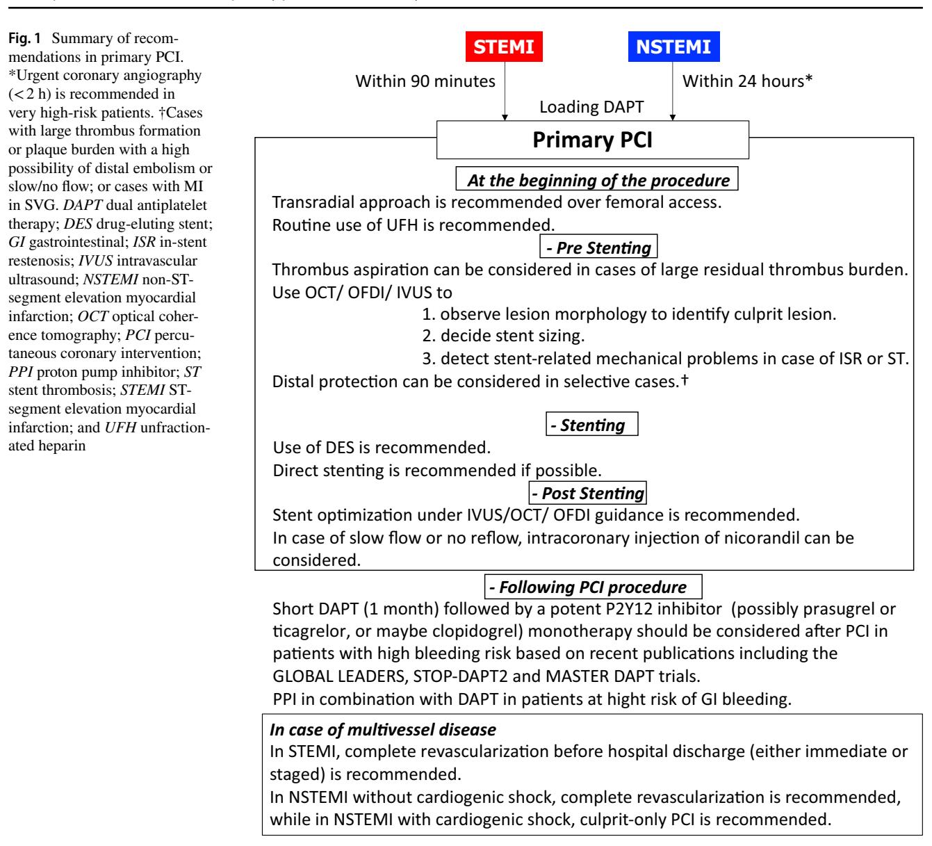 image_category: FLOWCHART/Clinical Practice Guidelines | body_region: chest | specialty: Cardiology | summary: A comprehensive clinical flowchart summarizing recommendations for primary PCI in STEMI and NSTEMI patients, covering timing, procedural techniques, and post-procedural management.