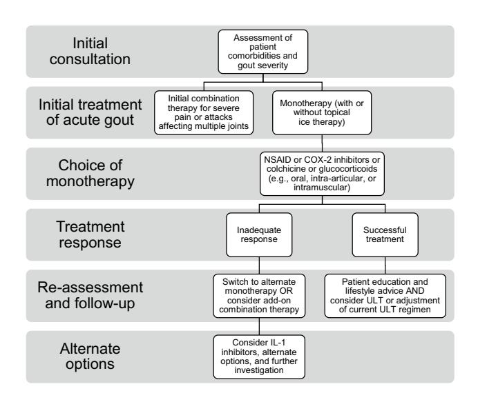 image_category: FLOWCHART/Clinical Management Algorithm | body_region: NA | specialty: Rheumatology | summary: A clinical flowchart outlining the step-by-step management of acute gout, from initial assessment and treatment selection to follow-up and alternative therapies. | detail: This image presents a structured clinical flowchart for the management of acute gout, organized into six distinct horizontal stages. The process begins with the 'Initial consultation,' focusing on the assessment of patient comorbidities and gout severity. The second stage, 'Initial treatment of acute gout,' offers two pathways: initial combination therapy for severe pain or multi-joint involvement, or monotherapy (with or without topical ice therapy). The third stage, 'Choice of monotherapy,' lists specific pharmacological options including NSAIDs, COX-2 inhibitors, colchicine, or glucocorticoids (delivered via oral, intra-articular, or intramuscular routes). The fourth stage evaluates 'Treatment response,' branching into 'Inadequate response' or 'Successful treatment.' For successful cases, the 'Re-assessment and follow-up' stage recommends patient education, lifestyle advice, and consideration of Urate-Lowering Therapy (ULT). For inadequate responses, the algorithm suggests switching to an alternate monotherapy or adding combination therapy. The final stage, 'Alternate options,' is reserved for refractory cases, suggesting the consideration of IL-1 inhibitors, further investigation, and other alternate options. The visual layout uses gray headers and white boxes with directional arrows to guide clinical decision-making based on patient-specific factors and therapeutic efficacy. | entities: diseases=gout, acute gout; anatomical_structures=joints; interventions=Initial consultation, Assessment of comorbidities, topical ice therapy, Patient education, lifestyle advice, further investigation, intra-articular injection, intramuscular injection; medications=NSAID, COX-2 inhibitors, colchicine, glucocorticoids, ULT, Urate-Lowering Therapy, IL-1 inhibitors; findings=Initial combination therapy indicated for severe pain or multiple joints, Monotherapy options: NSAID, COX-2 inhibitors, colchicine, glucocorticoids, Inadequate response requires switch or add-on therapy, Successful treatment requires ULT consideration and lifestyle advice