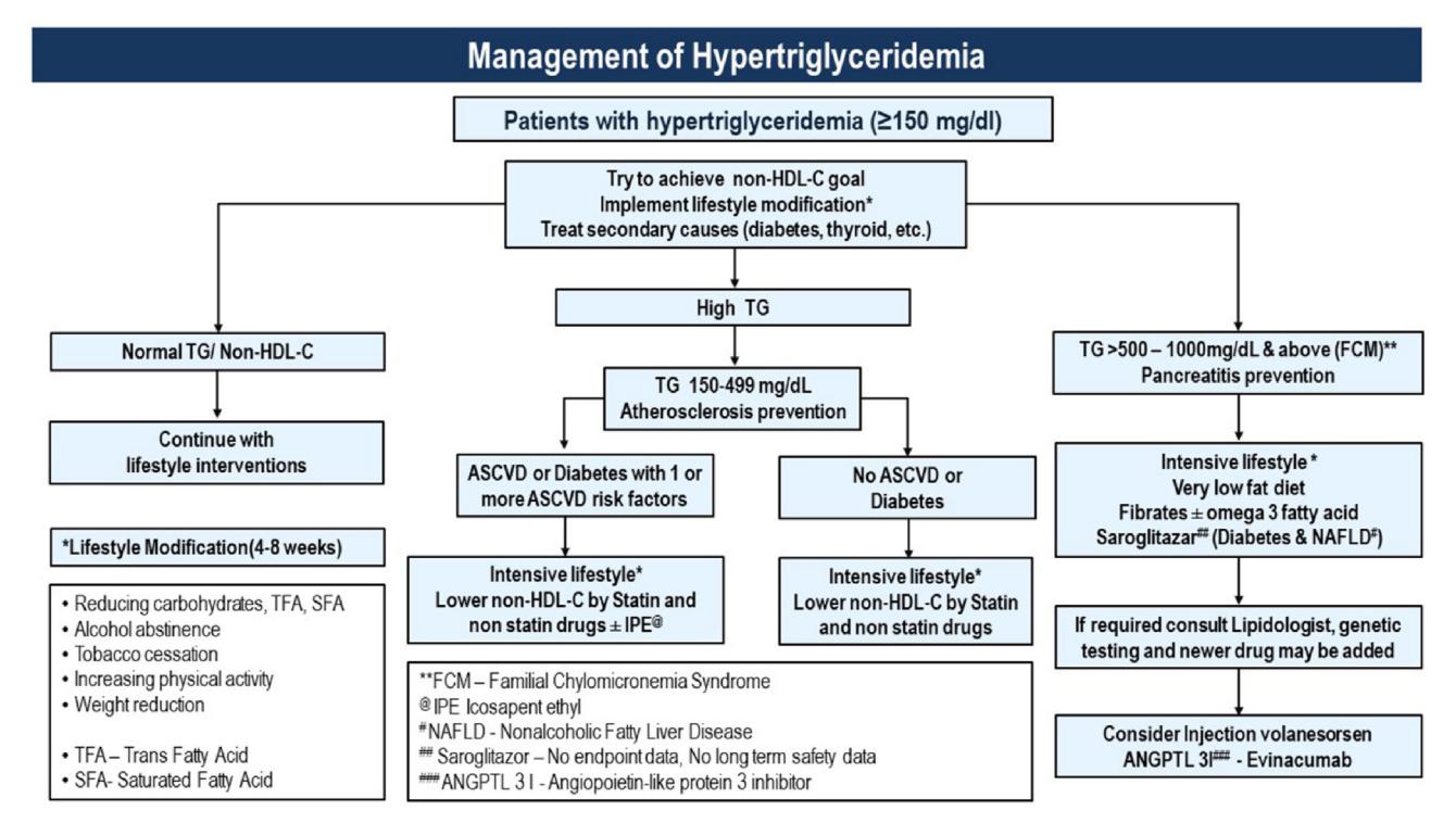 image_category: FLOWCHART/Clinical Management Algorithm | body_region: NA | specialty: Cardiology | summary: A clinical flowchart for managing hypertriglyceridemia based on TG levels (≥150 mg/dL) and cardiovascular risk, prioritizing lifestyle changes and targeted pharmacotherapy.