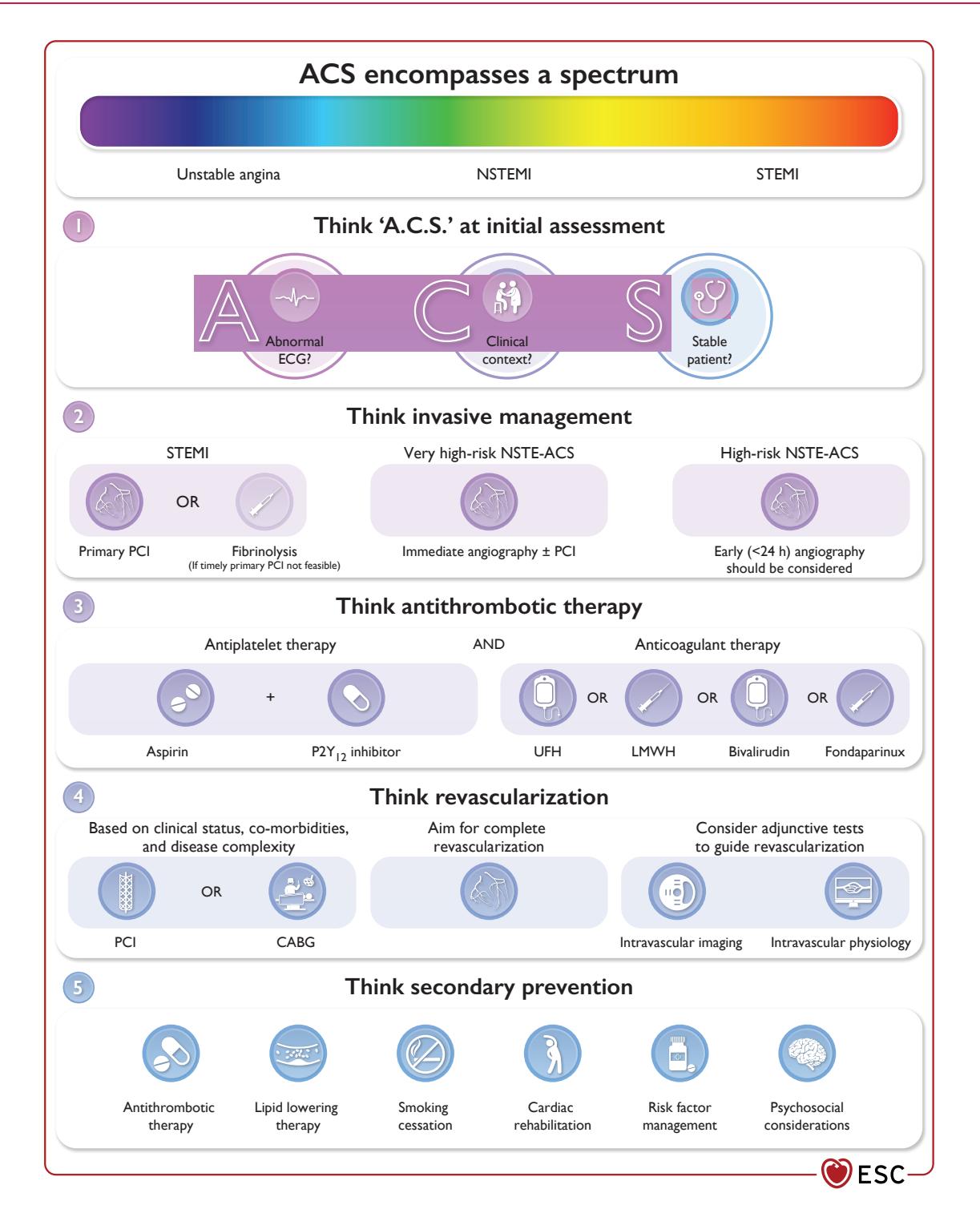 image_category: FLOWCHART/Clinical Management Guideline | body_region: chest | specialty: Cardiology | summary: This infographic outlines the comprehensive management pathway for Acute Coronary Syndrome (ACS), from initial assessment and invasive management to secondary prevention.