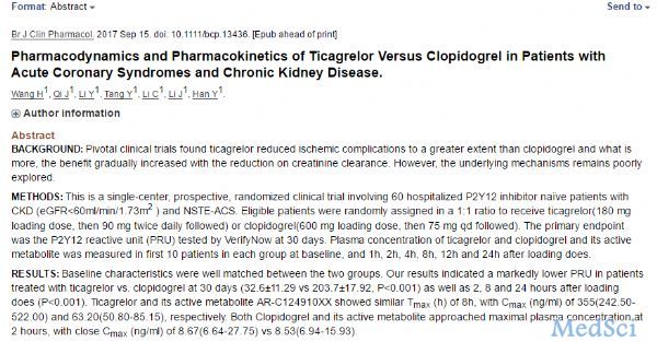 Br J Clin Pharmacol：NSTE-ACS合并<font color="red">CKD</font>：替格瑞洛vs氯吡格雷