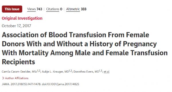 JAMA：接受有怀孕史的女性血液后，男性<font color="red">死亡</font><font color="red">风险</font>增加了……