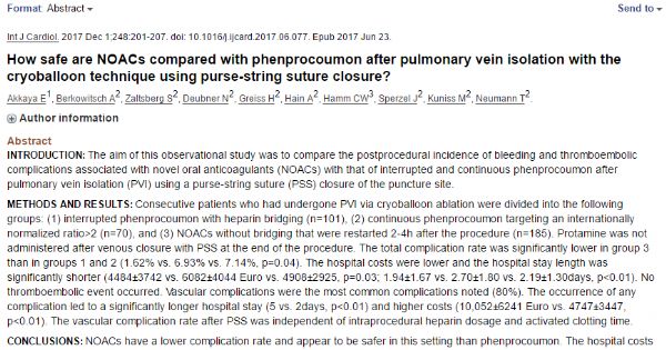 Int J Cardiol：使用PSS进行PVI后：NOAC与苯丙香豆素抗凝哪个更安全？