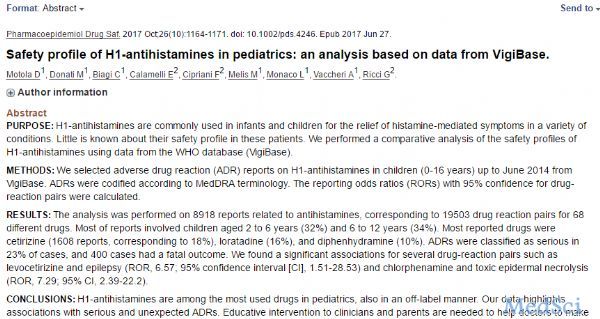 Pharmacoepidemiol Drug Saf：患过敏疾病的儿童使用H1-抗<font color="red">组胺</font>药安全吗？