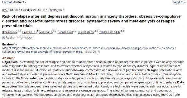BMJ：停用抗抑郁药是否增加患者焦虑症<font color="red">的</font>复发风险？