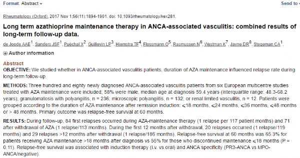 ：<font color="red">ANCA</font>相关血管炎：硫唑嘌呤维持治疗疗程是否影响复发率？