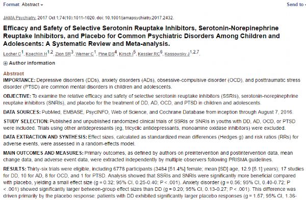 JAMA Psychiatry：<font color="red">SSRIs</font>和SNRIs用于儿童和青少年精神疾病效果如何？