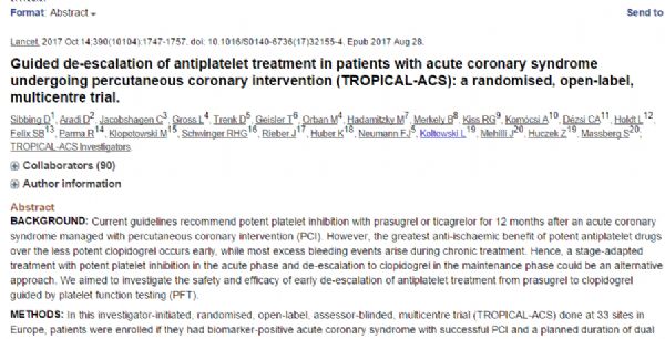 Lancet：多学科讨论：急性冠脉综合征患者PCI后降阶梯治疗不输标准治疗