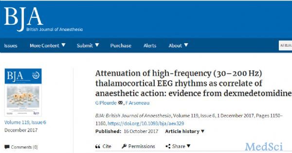 Br J Anaesth：高频（30-200 Hz）<font color="red">丘脑</font><font color="red">皮层</font>脑电节律减弱与麻醉作用相关：来自右美托咪定的证据