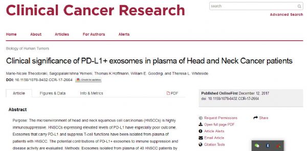 Clin Cancer Res：头颈部肿瘤患者血浆中PD-L1 +外泌体的临床意义