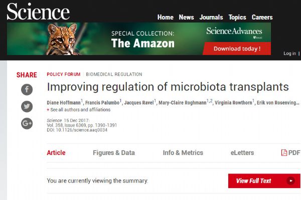 Science：如何对粪便菌群移植进行监管？