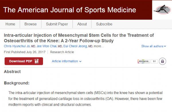 Am J Sports Med：自体脂肪<font color="red">干细胞</font><font color="red">治疗</font>膝关节炎安全、有效