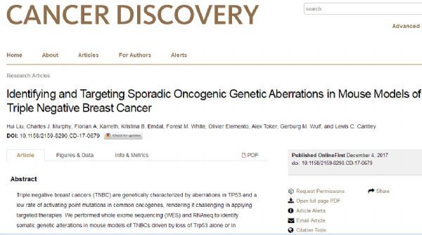 Cancer Discov：基于小鼠模型鉴定三阴性乳腺癌散发型致癌基因突变及治疗策略
