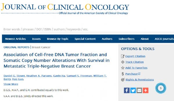 J Clin Oncol：外周血cfDNA中的<font color="red">肿瘤</font>分数可以预测转移性三阴性乳腺癌的预后