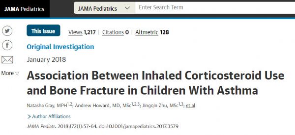 JAMA Pediatr：<font color="red">吸入</font>型糖皮质<font color="red">激素</font>增加哮喘儿童骨折风险吗？