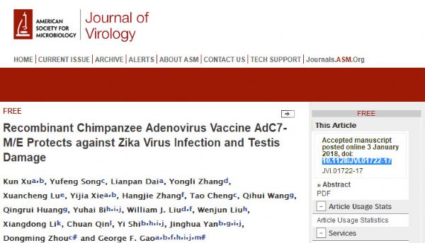J Virol：<font color="red">北京</font><font color="red">生科院</font>等在寨卡疫苗研制中取得进展