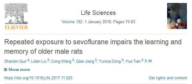 Life Sci：反复七氟烷暴露会损害老年雄性大鼠学习记忆功能