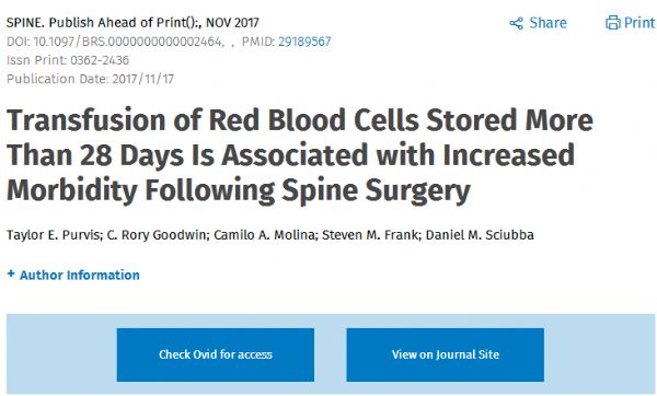 Spine：存储超过28天的红细胞输注与脊柱手术后增加的发病率有关