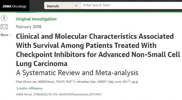 JAMA Oncol：免疫检查点抑制剂二线治疗NSCLC预后因素Meta分析