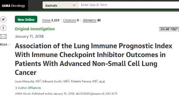 JAMA Oncol：<font color="red">NSCLC</font><font color="red">免疫治疗</font>有了预后工具