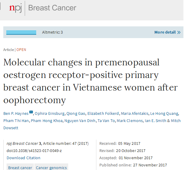 NPJ Breast Cancer：卵巢切除术显著影响绝经前雌激素受体阳性乳腺癌基因表达