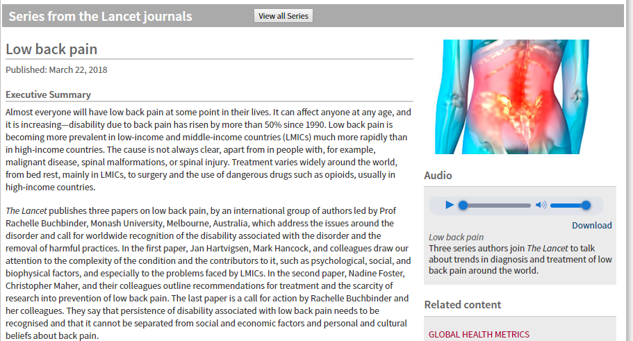 Lancet：全球<font color="red">5</font>亿<font color="red">4</font>千万人腰痛，建议慎用药物、影像学检测和手术