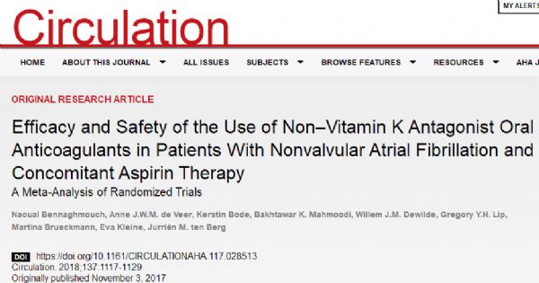 Circulation：非瓣膜性房颤患者：NOAC与VKA谁是<font color="red">阿司匹林</font>的最佳拍档？