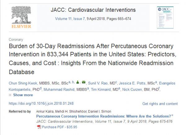 JACC Cardiovasc Interv：美国每10个<font color="red">介入</font><font color="red">治疗</font>患者就有1例在30天内再入院