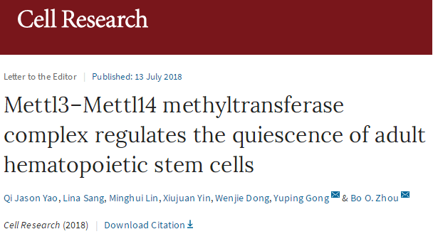 Cell Res：重大进展,上海生科院携手四川大学揭示<font color="red">m6</font>A在造血干细胞的作用
