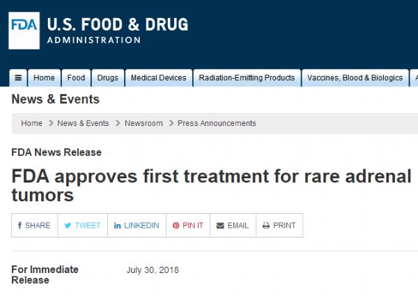 FDA今日批准罕见<font color="red">肾上腺</font>肿瘤疗法