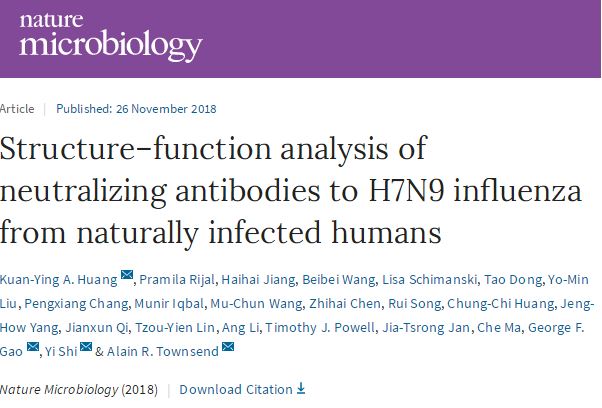 <font color="red">Nat</font> Microbiol：研究揭示自然<font color="red">感染</font>病人体内针对H7N9禽<font color="red">流感</font>中和<font color="red">抗体</font><font color="red">的</font>保护机制