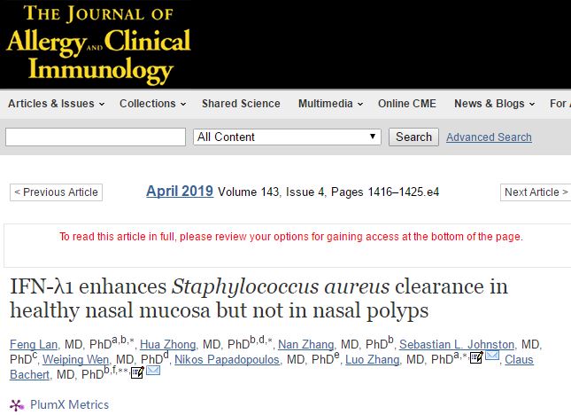 J Allergy Clin Immunol：揭示IFN-λ1有利于正常鼻组织非<font color="red">鼻息肉</font>情况下金黄色葡萄球菌清除