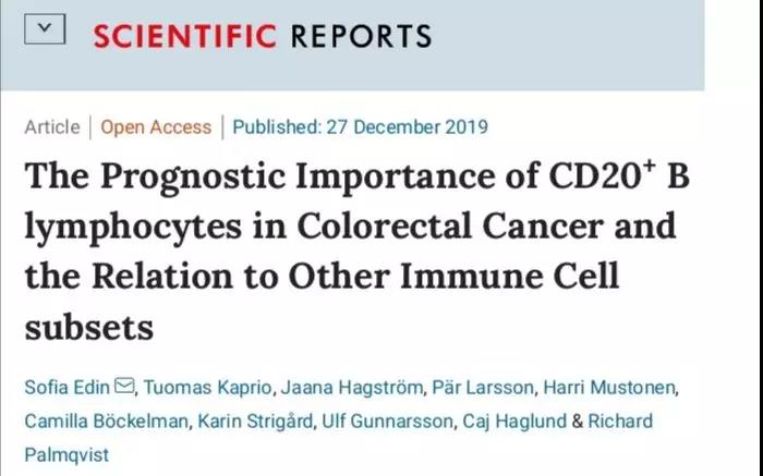 Sci Rep：结直肠癌免疫治疗新发现，CD20+B淋巴细胞有效改善预后！