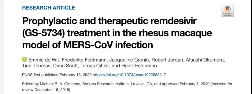 PNAS：瑞德西韦预防和治疗灵长类冠状病毒肺炎效果<font color="red">显著</font>